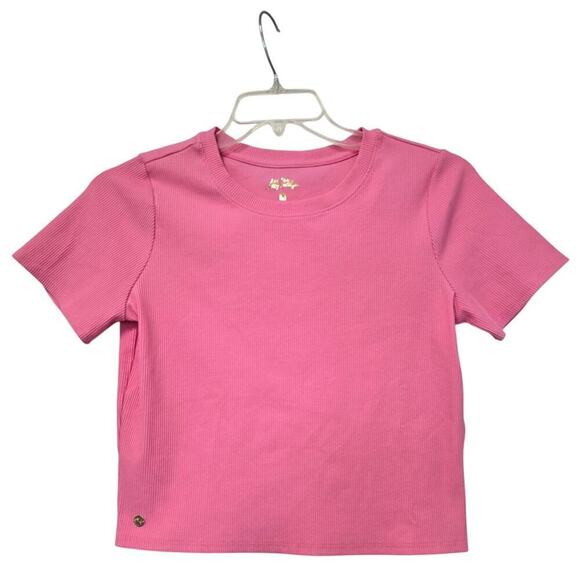 Lilly Pulitzer Cropped Top Minnie Knit Ribbed Confetti Pink Metalic Size Large - Picture 4 of 10